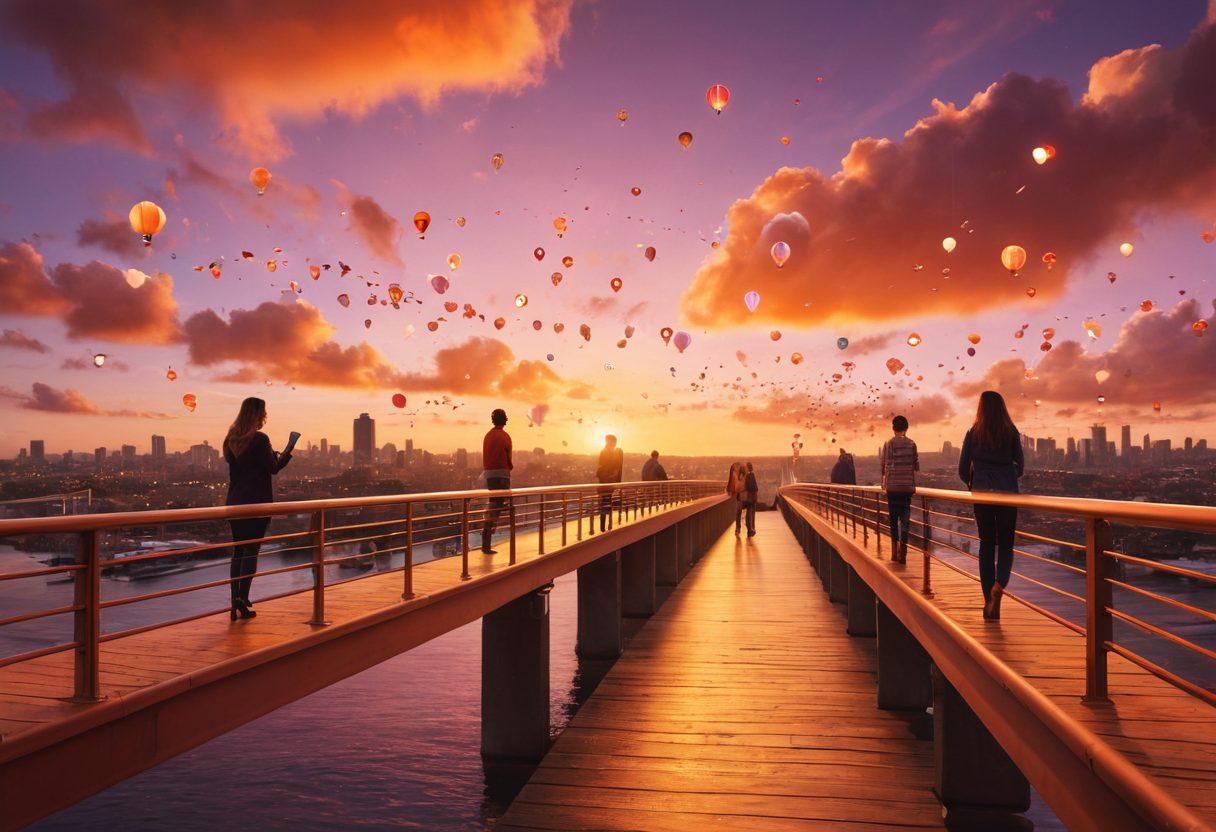 A vibrant scene depicting diverse bloggers and knowledge seekers actively engaging in discussions on a beautifully designed bridge, symbolizing the exchange of ideas. A backdrop of a sunset illuminates the sky, casting warm tones over the gathering. Various symbols of communication, like speech bubbles and lightbulbs, float above their heads, enhancing the theme of empowerment and collaboration. super-realistic. vibrant colors. warm tones.