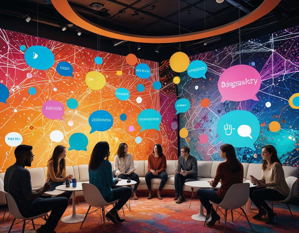 A vibrant digital network visual featuring diverse individuals collaboratively creating and sharing content. Include elements like floating chat bubbles, glowing connections, and a colorful backdrop representing various blogging platforms. Showcase expressions of joy and creativity, emphasizing a sense of community and support. Incorporate modern tech motifs, like circuit patterns or digital screens. super-realistic. vibrant colors. 3D.