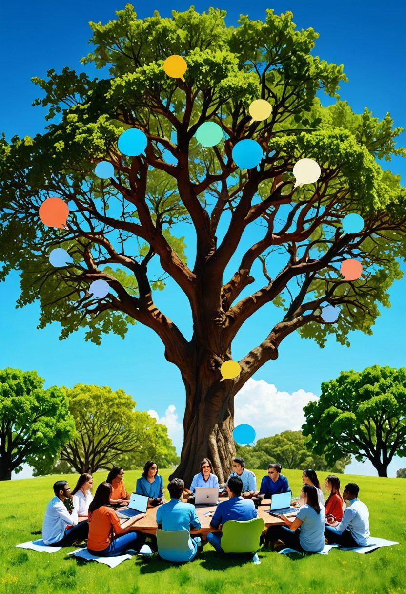 A vibrant collage showcasing a diverse group of bloggers and knowledge seekers engaging in discussions under a large tree that symbolizes community. Include various digital devices like laptops and smartphones, with colorful speech bubbles illustrating the exchange of ideas and knowledge. The background features an open landscape, symbolizing growth and connection. super-realistic. vibrant colors.